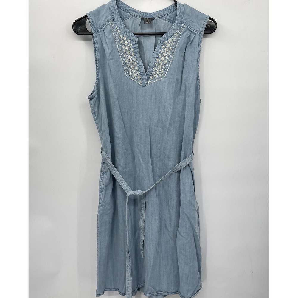 Eddie Bauer Embroidered Dress 10 Chambray Blue‎ Sleeveless Lyocell